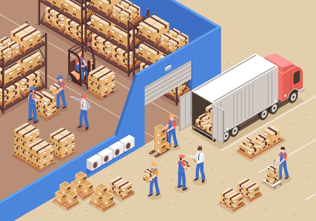Warehouse workers managing logistics and loading truck for event management operations