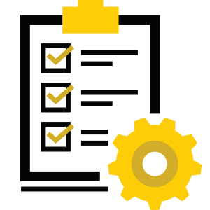 clipboard with check marks and settings icon