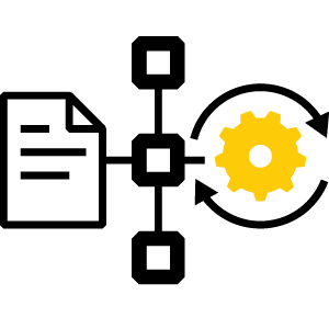 Batch order processing workflow icon with document, flowchart nodes, and gear symbol