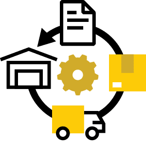 circle with arrow connecting warehouse, a box, a truck, and a file with a settings icon in the middle