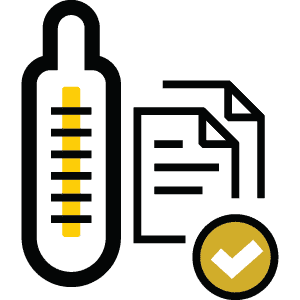 Temperature gauge icon with documents and checkmark for controlled inventory management