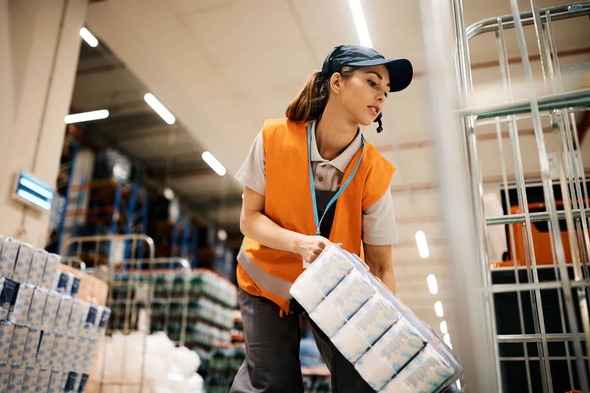 female-warehouse-worker-stacking-goods-on-a-rack-at a warehouse
