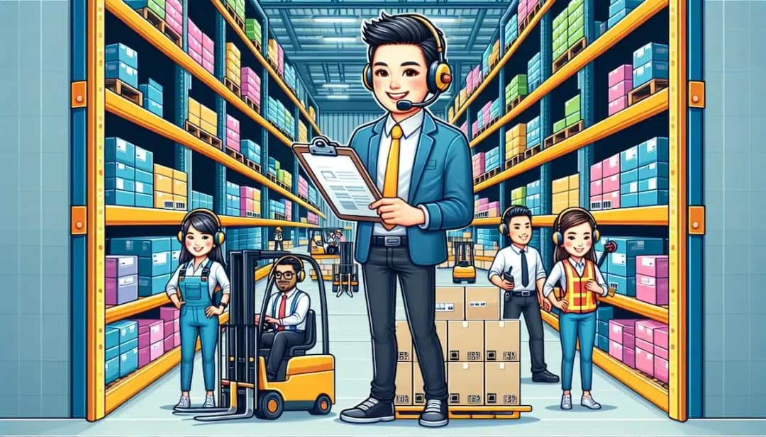Warehouse manager with headset overseeing diverse team of workers in modern distribution center