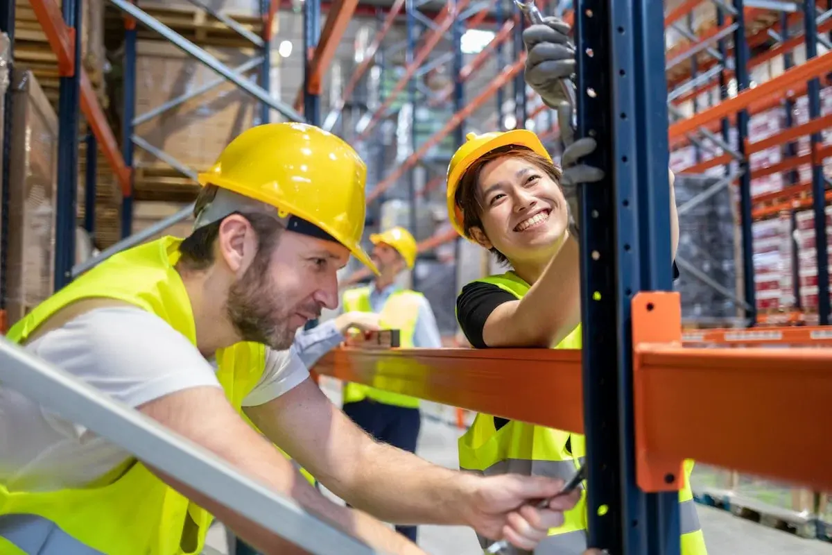 Two warehouse workers in safety gear assembling metal shelving units together