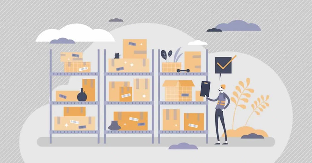 Inventory Management - warehouse shelves and man with clipboard