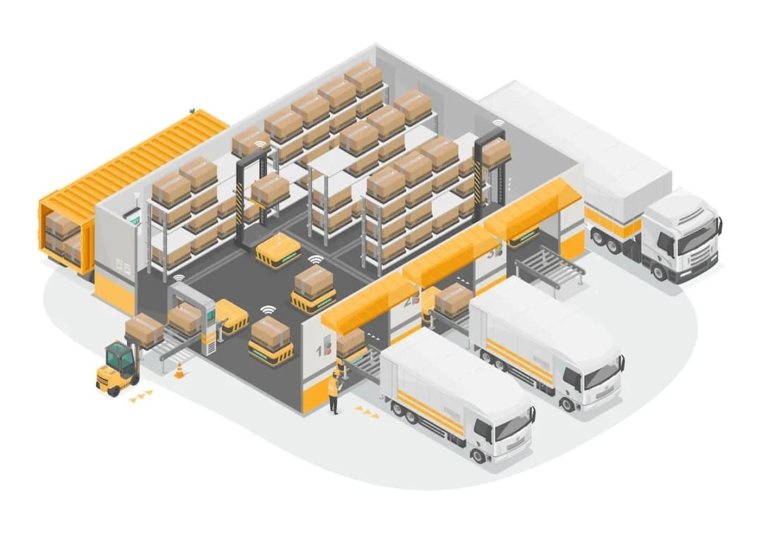 Modern warehouse facility with automated storage systems, forklifts, and delivery trucks in isometric view
