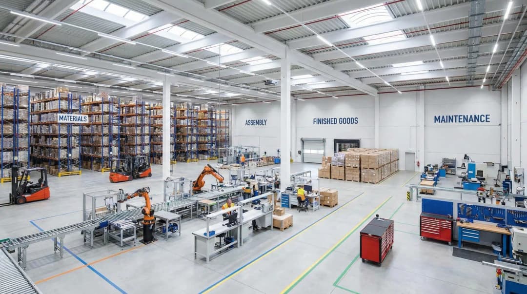 Wide warehouse interior segmented into zones for materials, assembly, finished goods, and maintenance tools.
