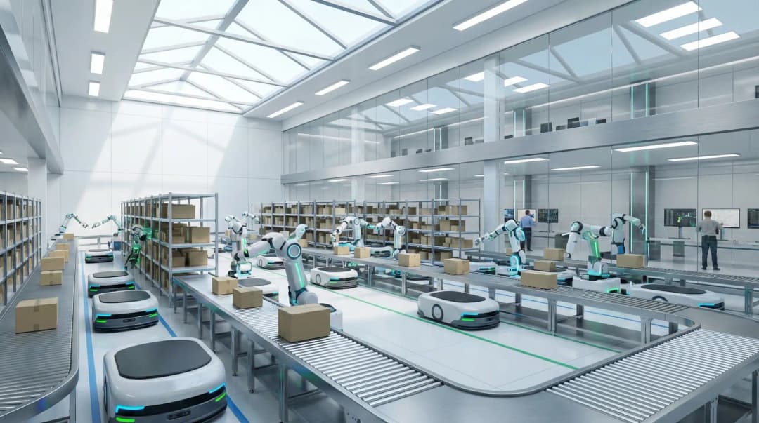 Autonomous robots and AI robotic arms sorting packages in a futuristic order fulfillment warehouse.