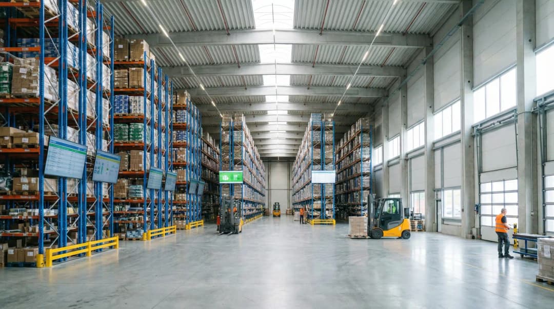 Large warehouse with blue pallet racking systems storing inventory for just-in-time management