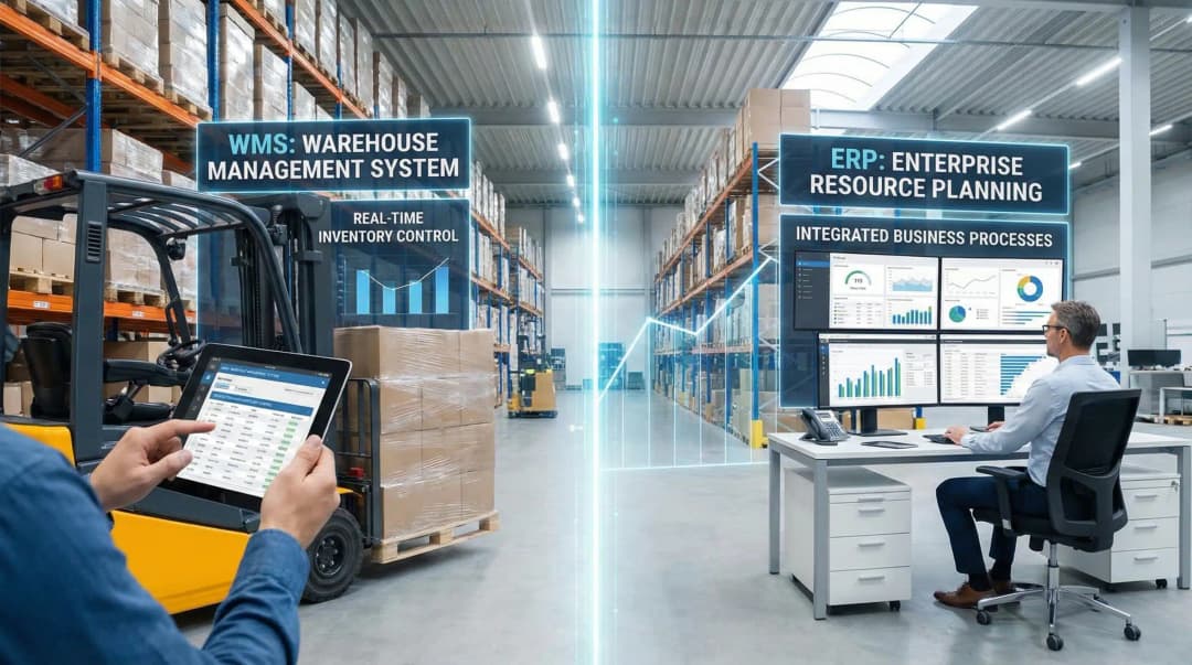WMS vs ERP comparison showing warehouse operations with forklift and inventory management systems