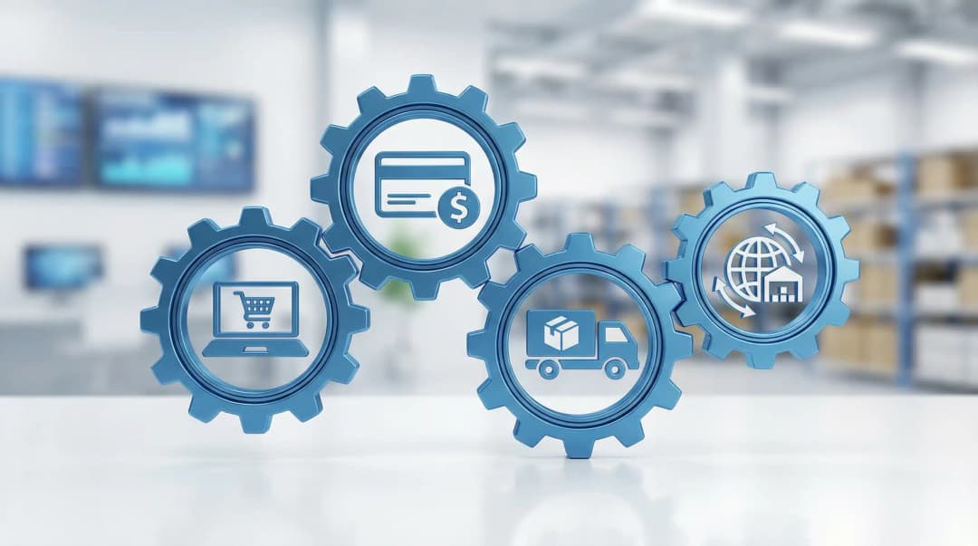 Blue gear icons representing ecommerce supply chain components including laptop, payment, shipping and logistics
