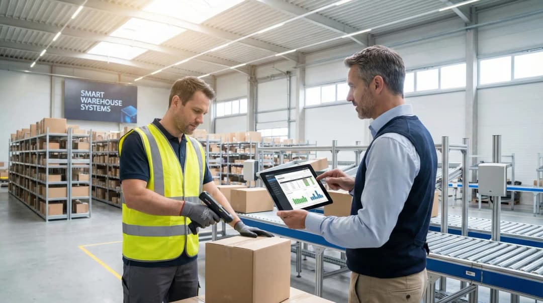 Warehouse worker using RF scanner while manager reviews RFID inventory data on tablet