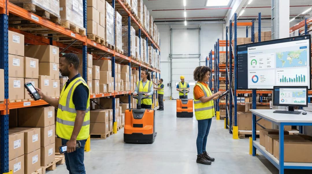 Warehouse management system in action with workers using handheld scanners