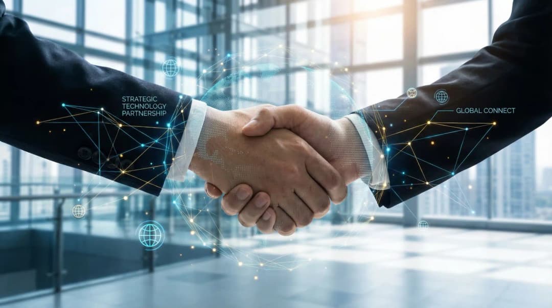 Business handshake with digital network overlay representing strategic technology partnership