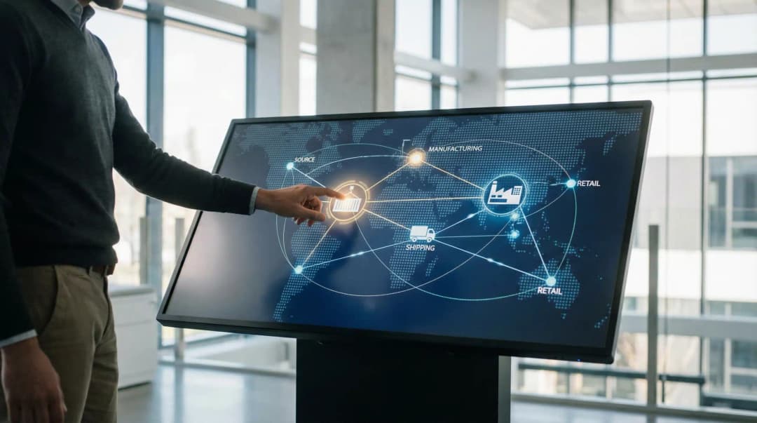 Person using touchscreen interface displaying blockchain network connections for supply chain management