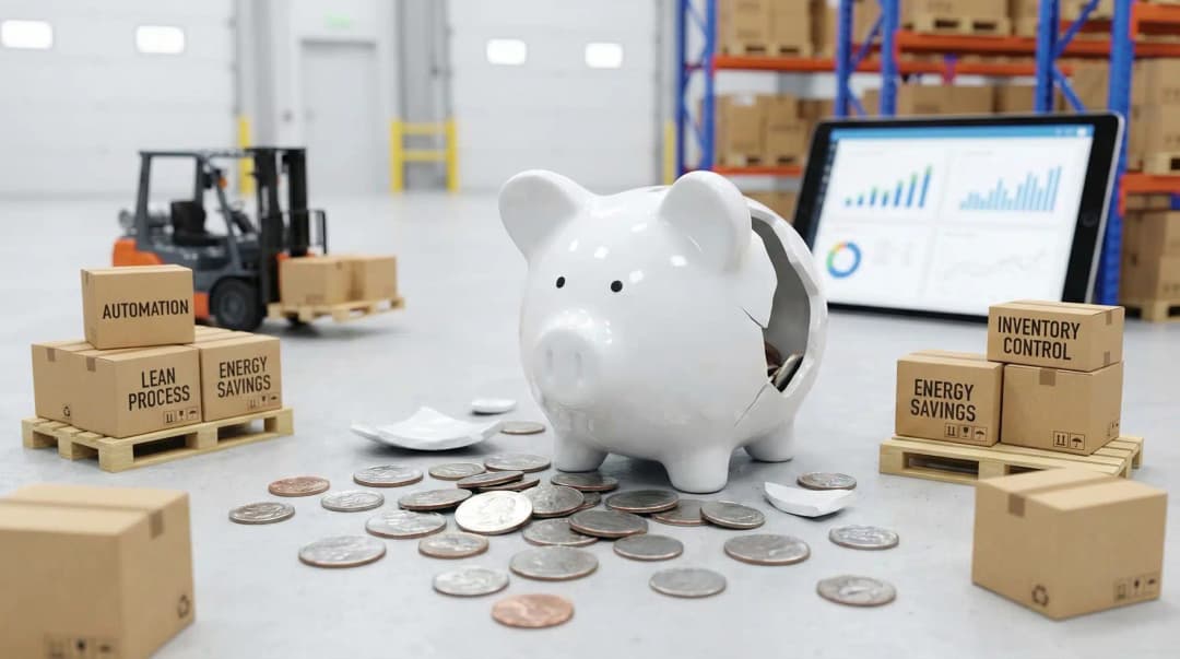 Broken white piggy bank with scattered coins representing budget-conscious warehouse efficiency solutions