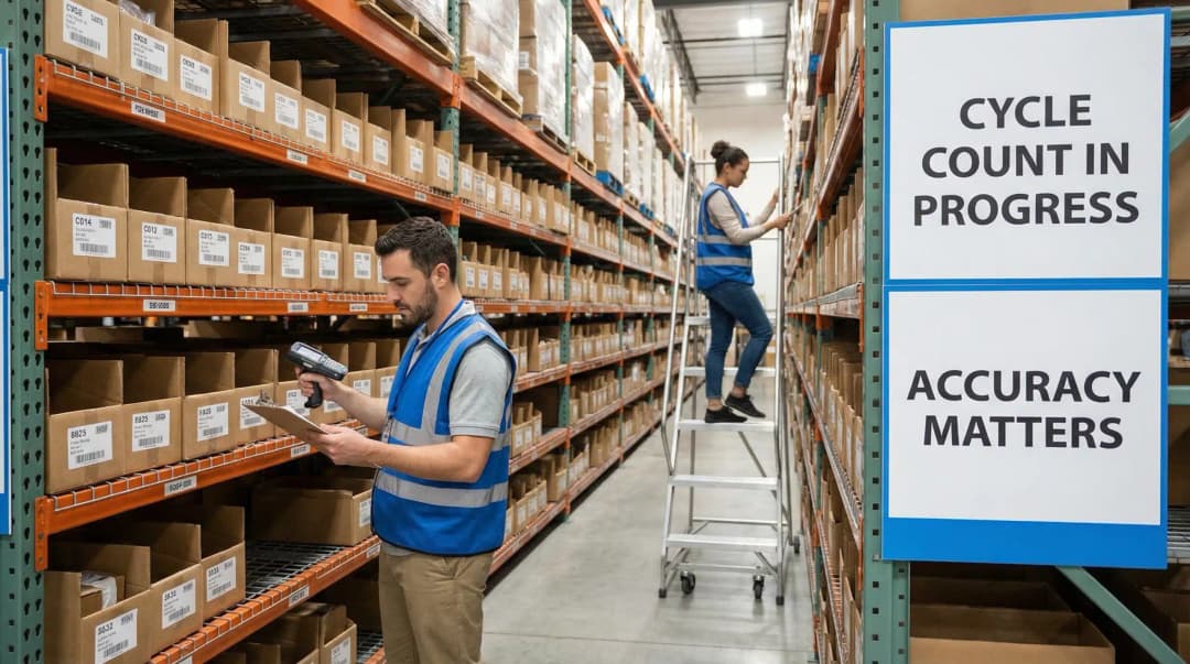 Warehouse workers conducting cycle count inventory with barcode scanners and accuracy matters signage