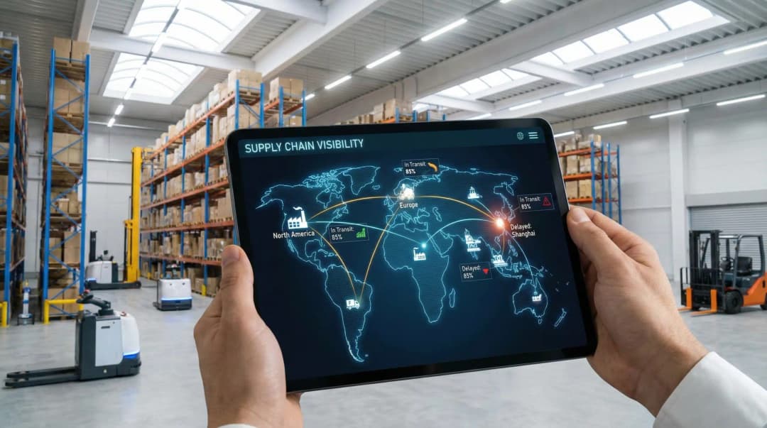 Tablet in warehouse showing supply chain visibility across regions