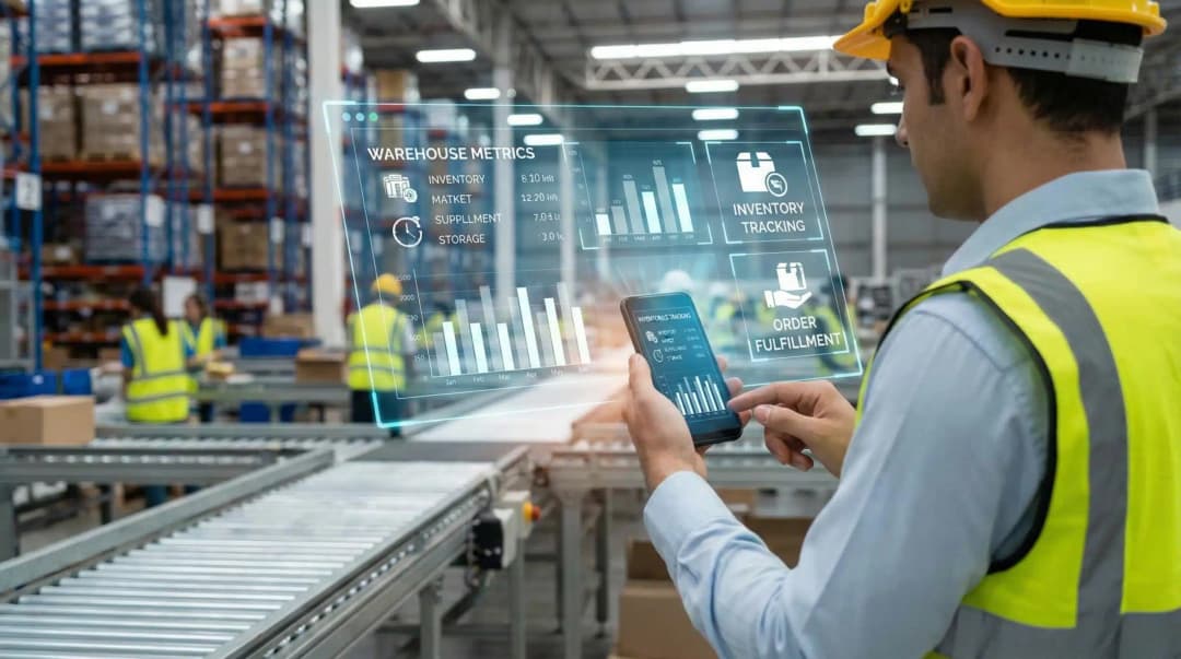 Professional using smartphone with digital warehouse management system interface overlay