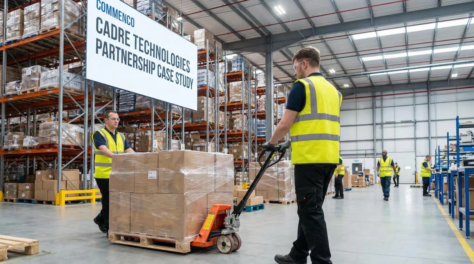 Warehouse workers with pallet jack in distribution center - Commenco Cadre Technologies partnership case study
