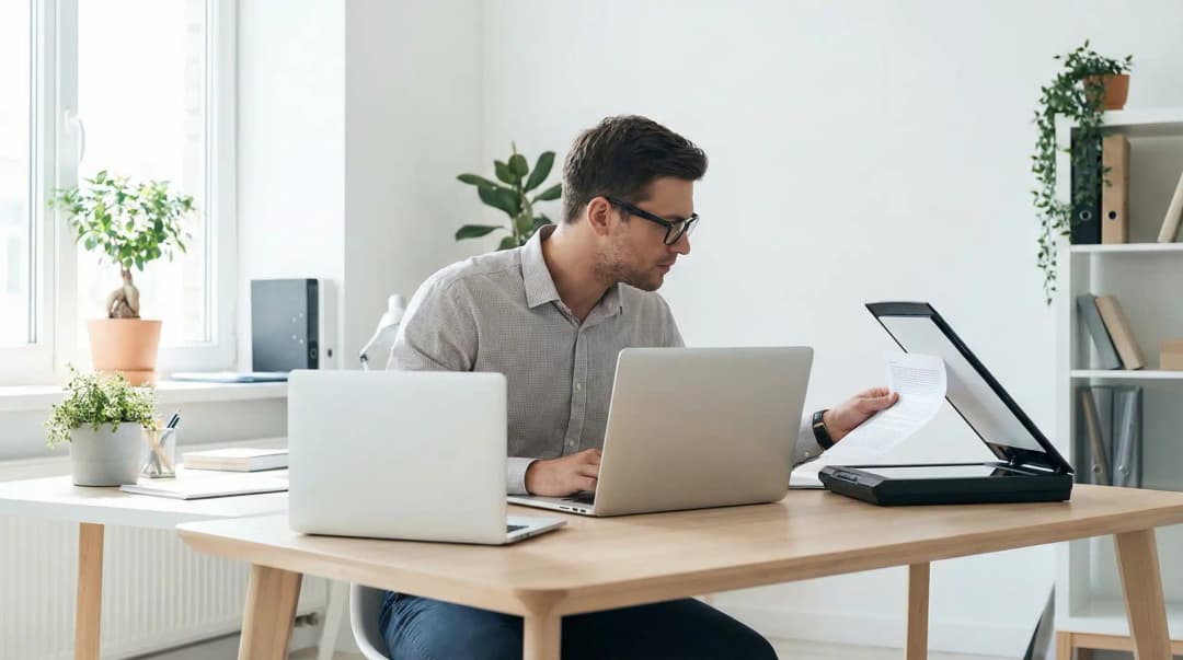 person scanning while on laptop