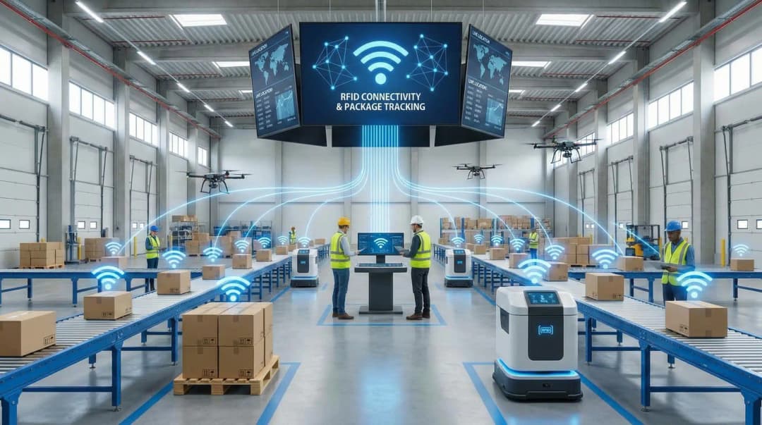 Modern warehouse with RFID technology icon showing wireless connectivity and package tracking
