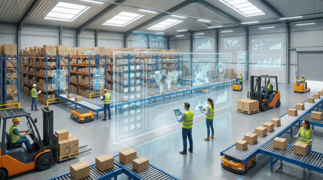 Isometric warehouse management system interface showing workers managing inventory and logistics operations