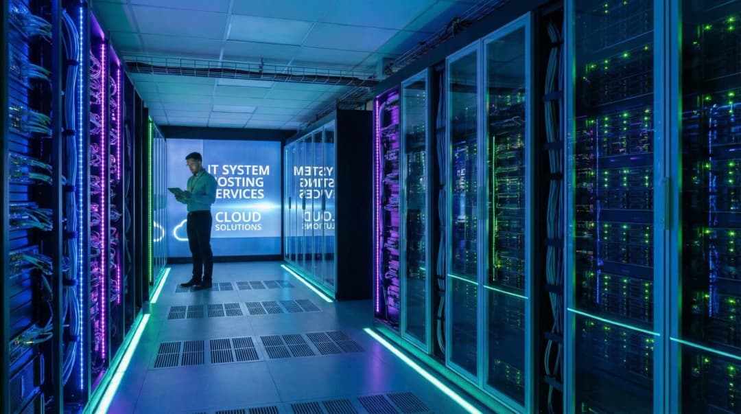 Modern data center server racks with LED lighting for IT system hosting services
