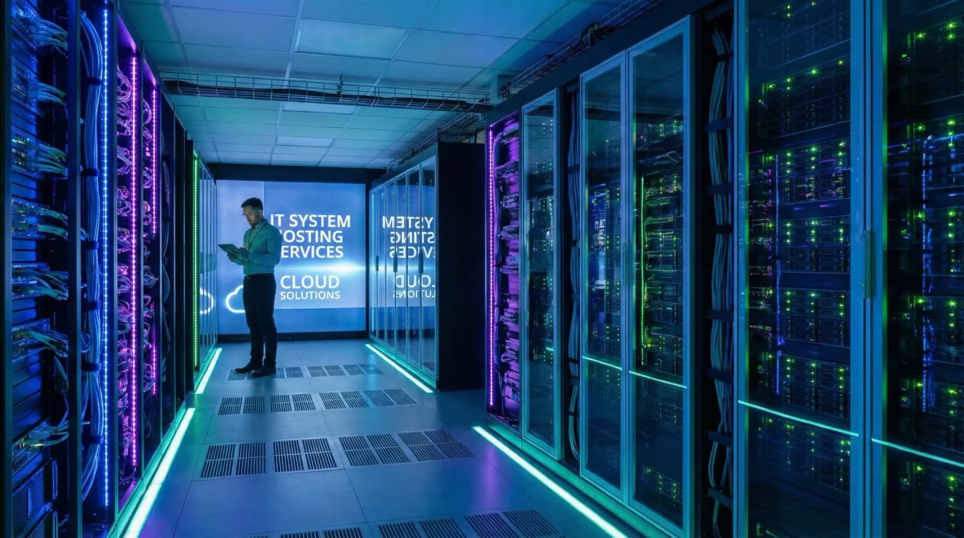 Modern data center server racks with LED lighting for IT system hosting services