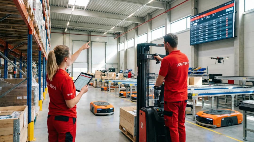 Two warehouse workers in red uniforms collaborating on inventory management in modern facility