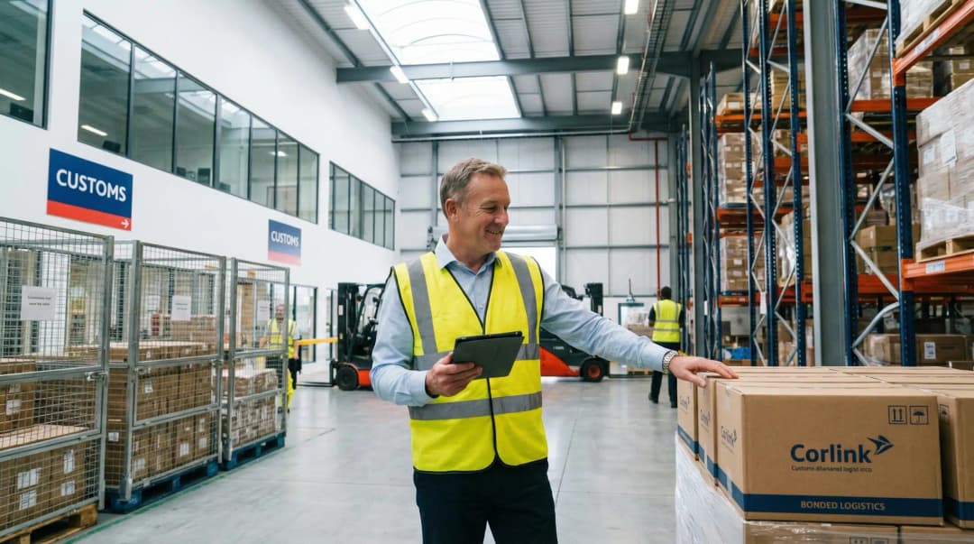 Warehouse manager with tablet reviewing inventory in bonded logistics facility