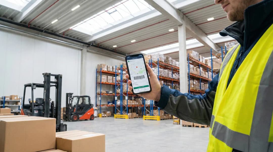 Person using smartphone for logistics tracking and mobile warehouse management
