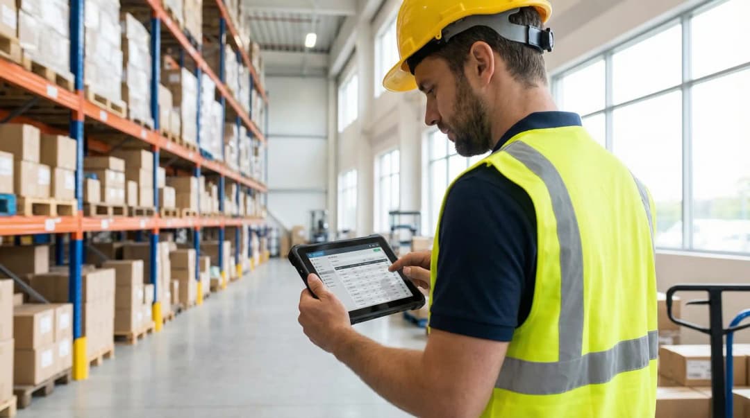 warehouse worker looking at a tablet