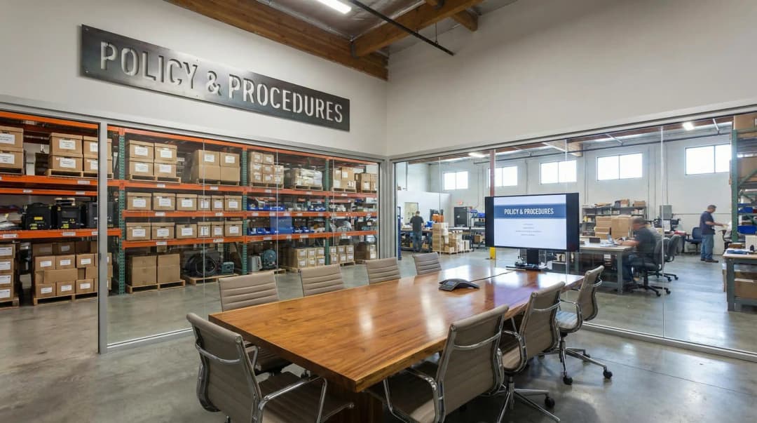 Modern warehouse conference room with Policy & Procedures sign and inventory shelves