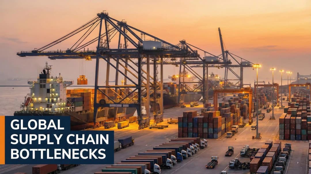 Sunset at a busy shipping port showing cranes unloading containers, demonstrating supply chain challenges.