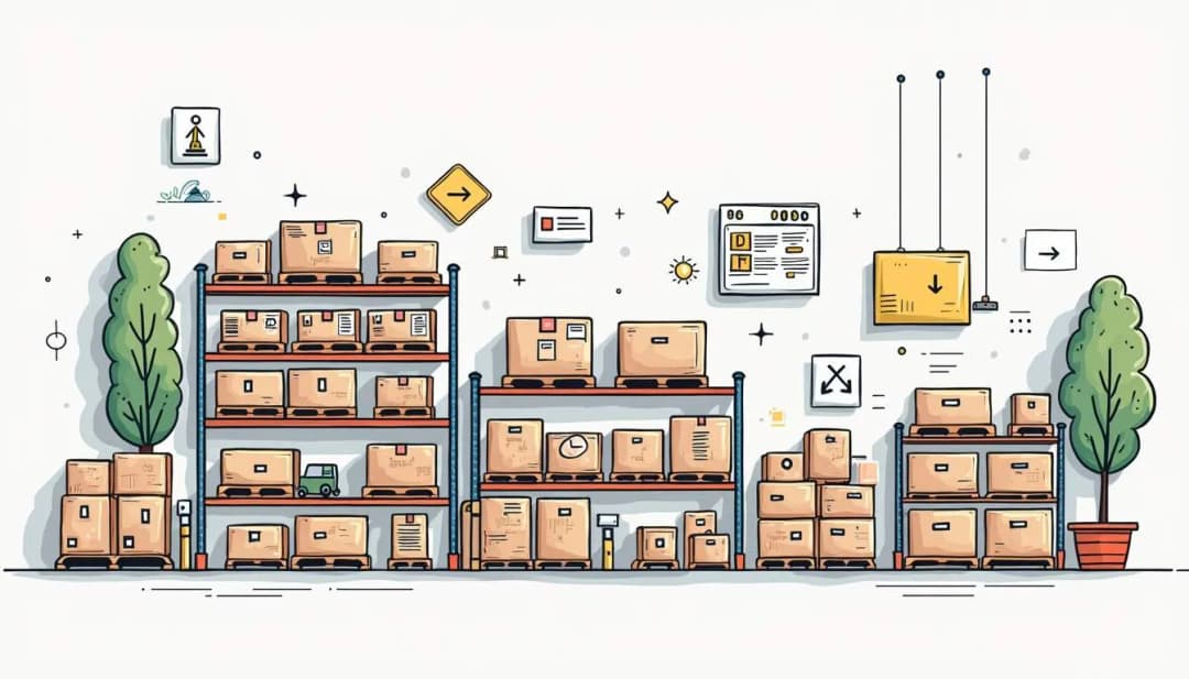 illustration of racks of boxes with warehouse labels