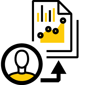 Role-based access control icon showing user profile with data reports and charts