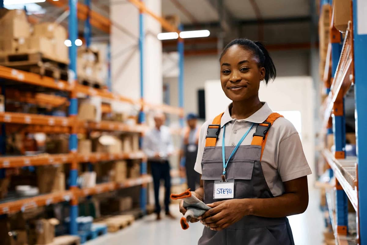 happy-african-american-female-warehouse-worker-looking at the camera