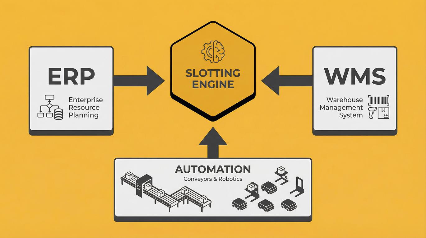 Slotting engine diagram showing integration with ERP, WMS, and warehouse automation systems