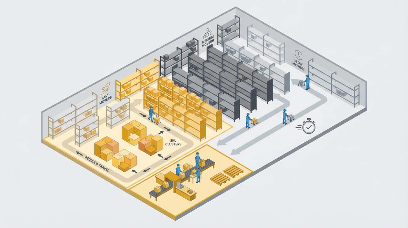 Warehouse slotting optimization diagram showing fast, medium, and slow mover zones with SKU clusters