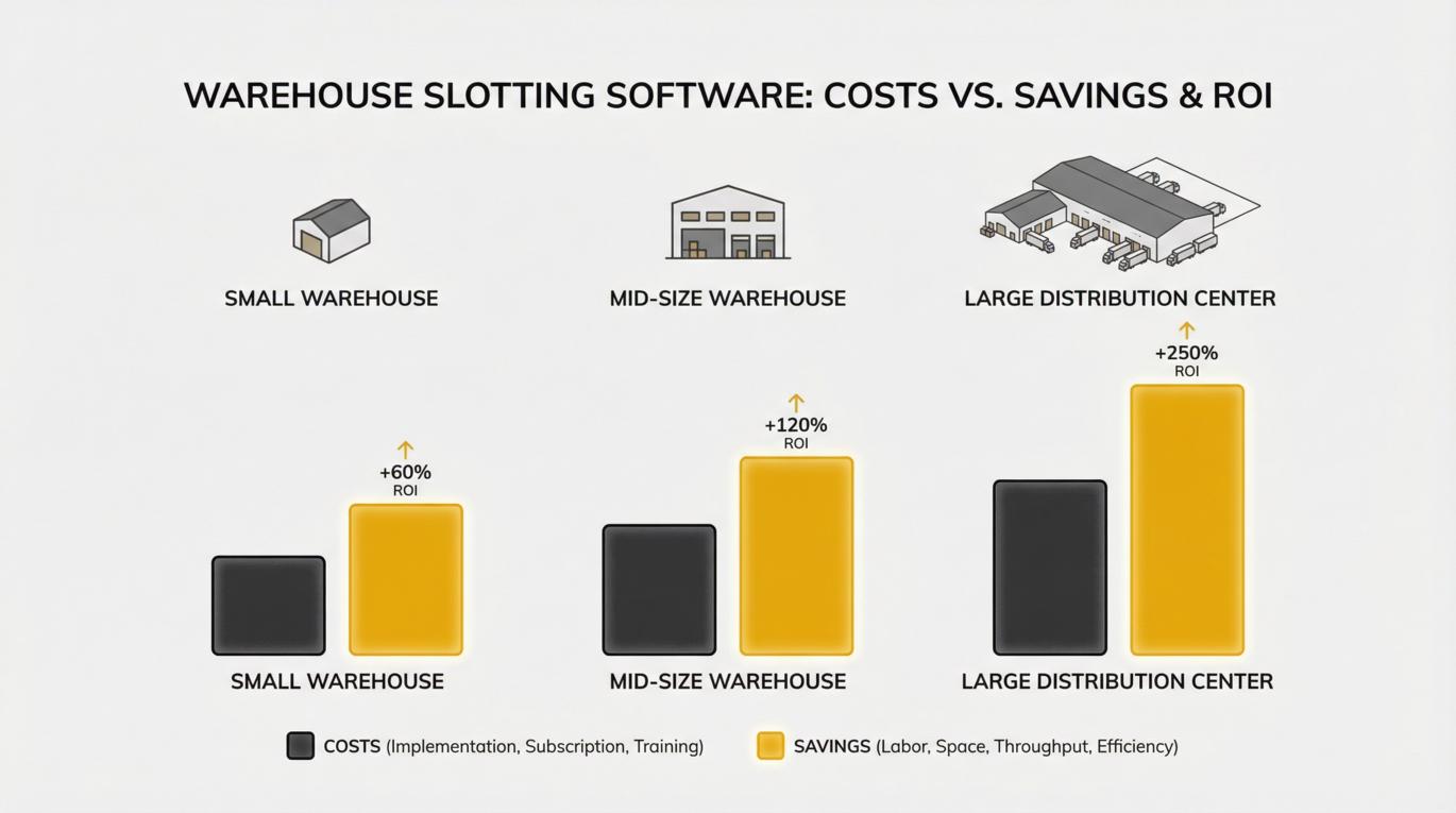 Bar chart comparing warehouse slotting software costs vs savings ROI across small, mid-size, and large distribution centers showing 60% to 250% returns