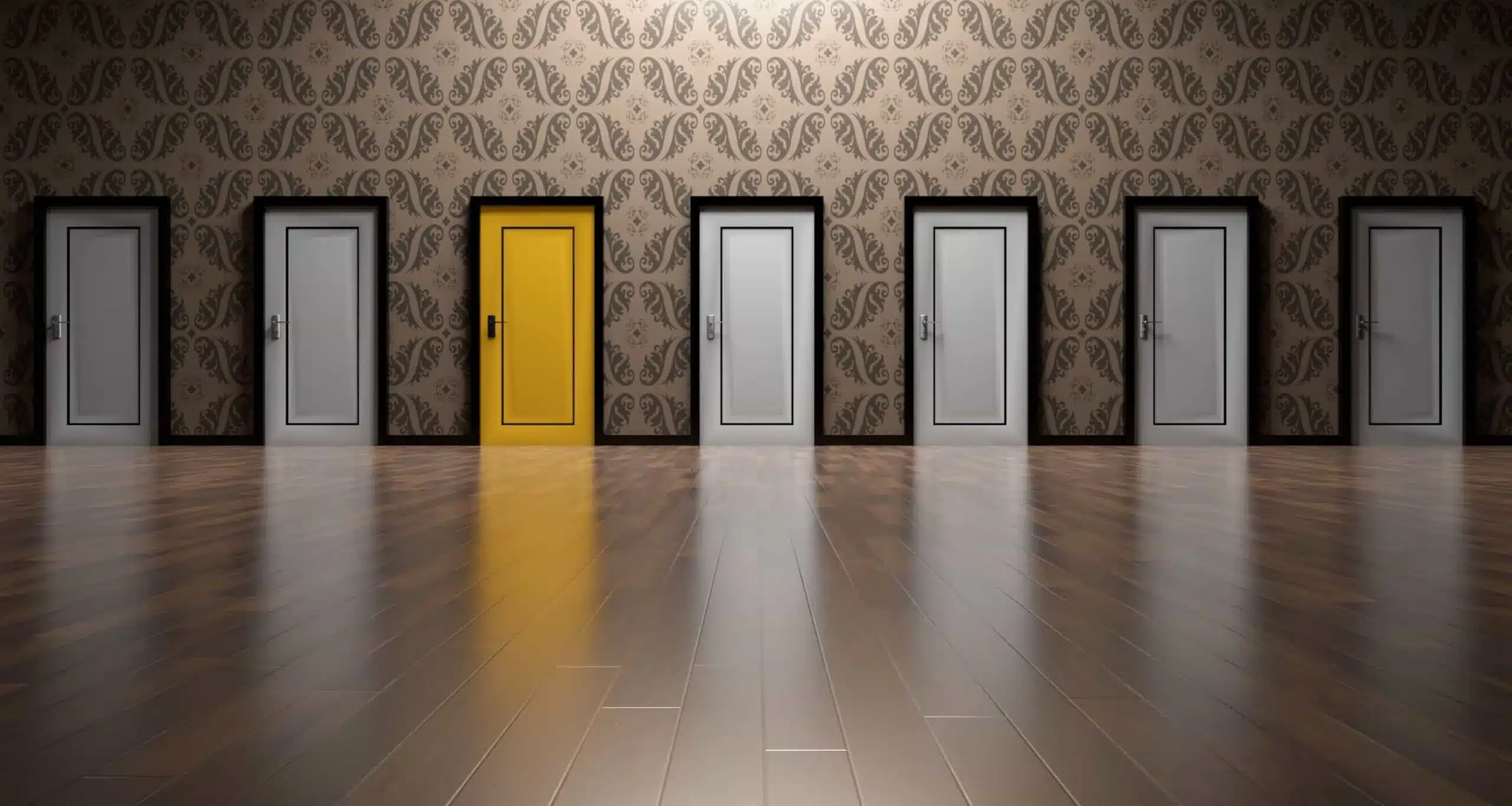 Seven doors in hallway with one yellow door representing business software choice decisions