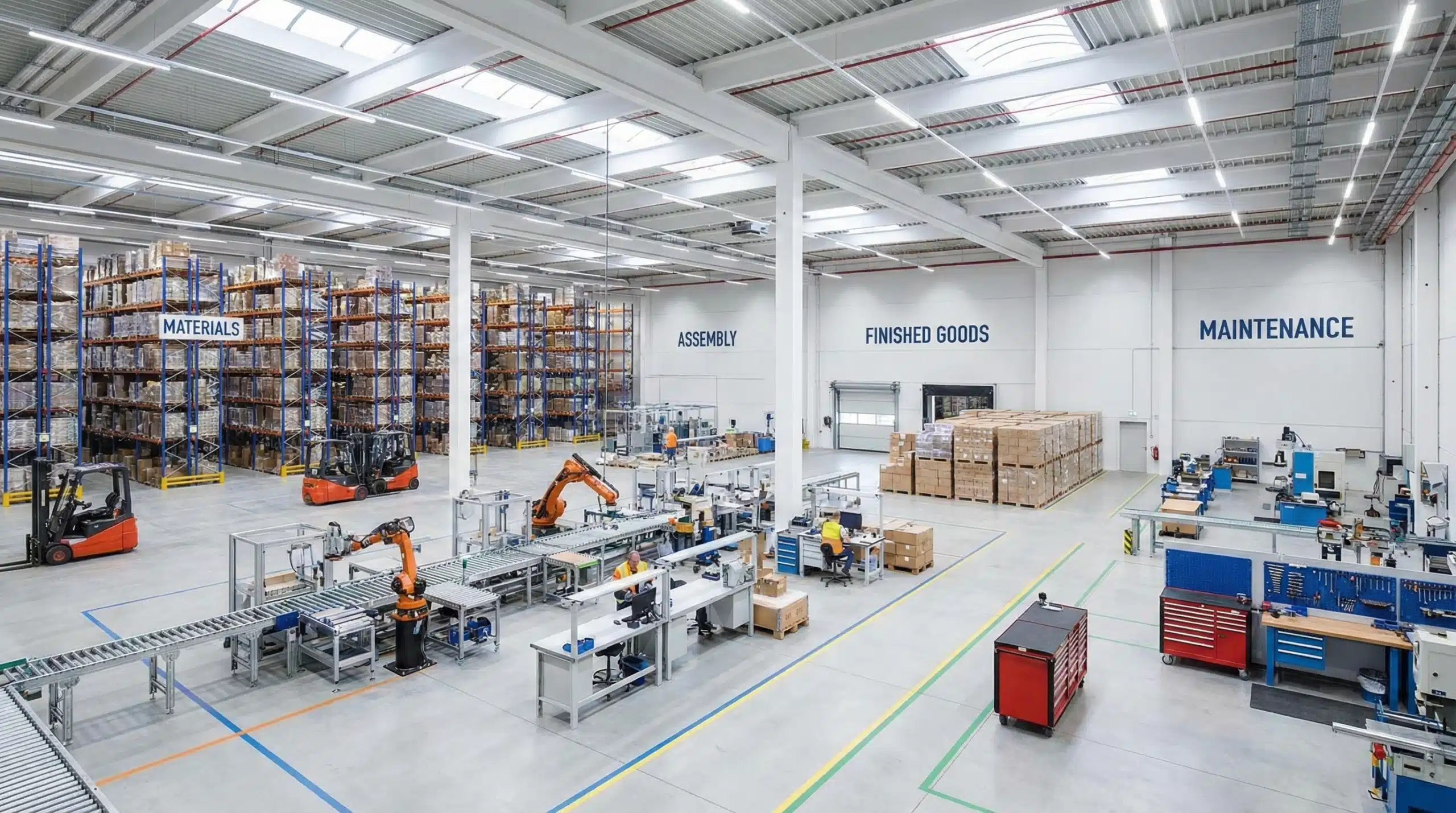 Wide warehouse interior segmented into zones for materials, assembly, finished goods, and maintenance tools.