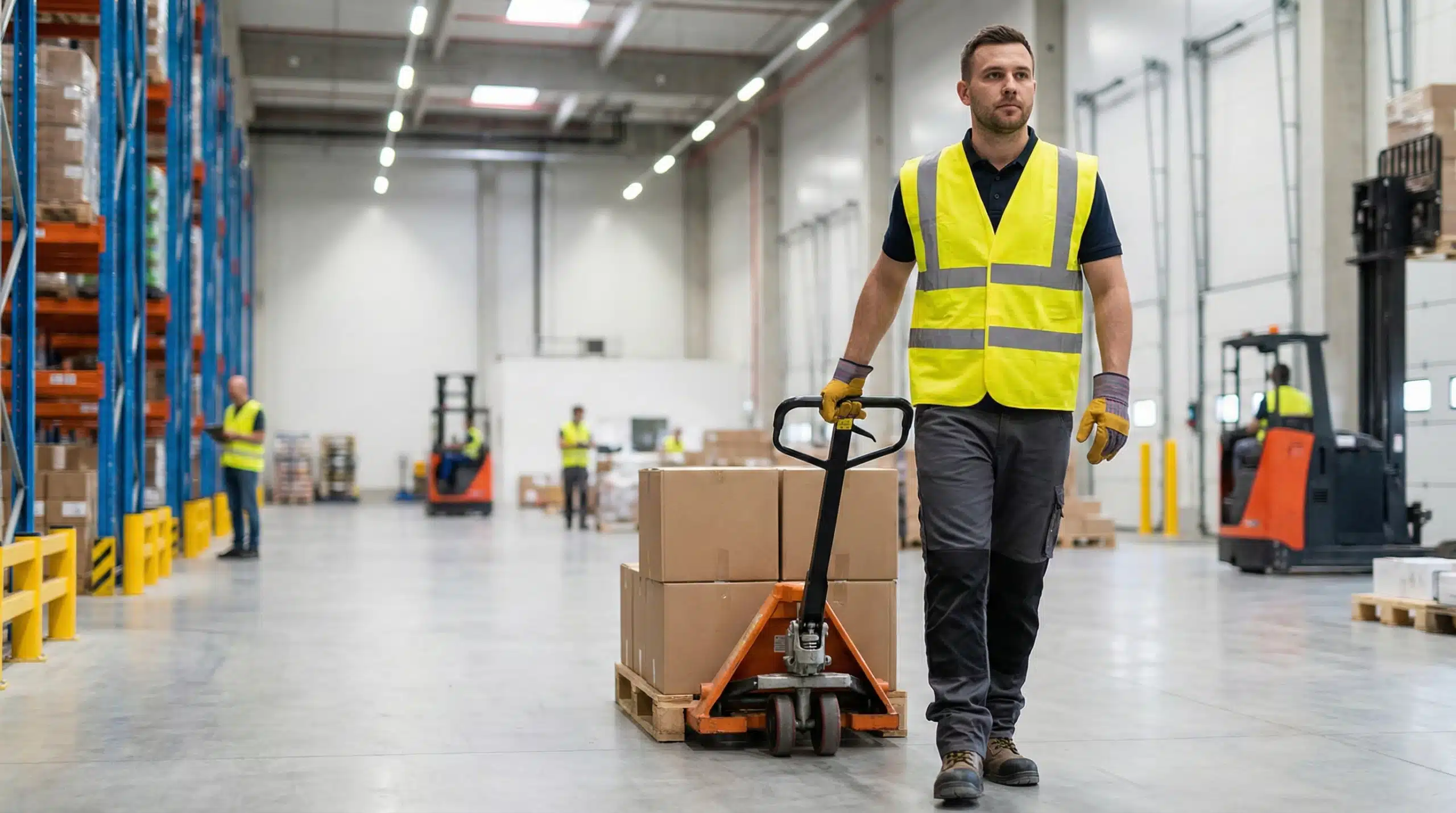 Warehouse worker in safety vest pulling pallet jack through distribution center