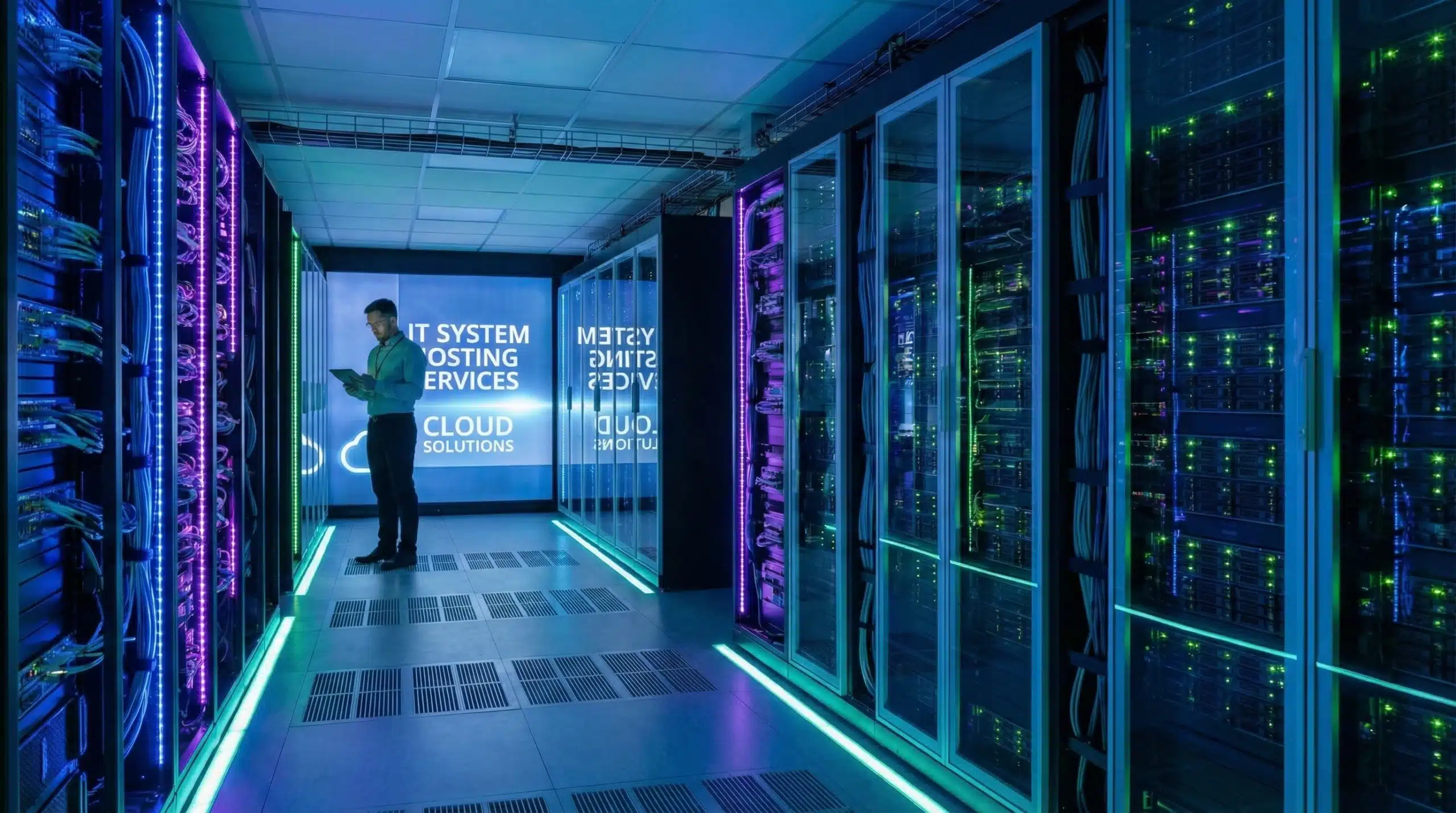 Modern data center server racks with LED lighting for IT system hosting services