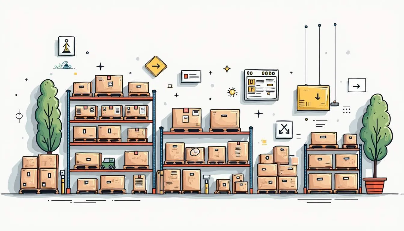 illustration of racks of boxes with warehouse labels