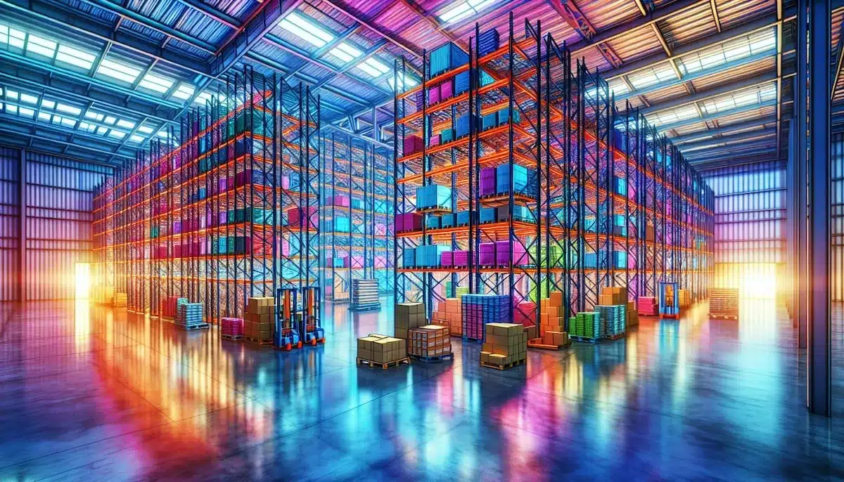 multi-colored illustration of warehouse shelving inside large facility