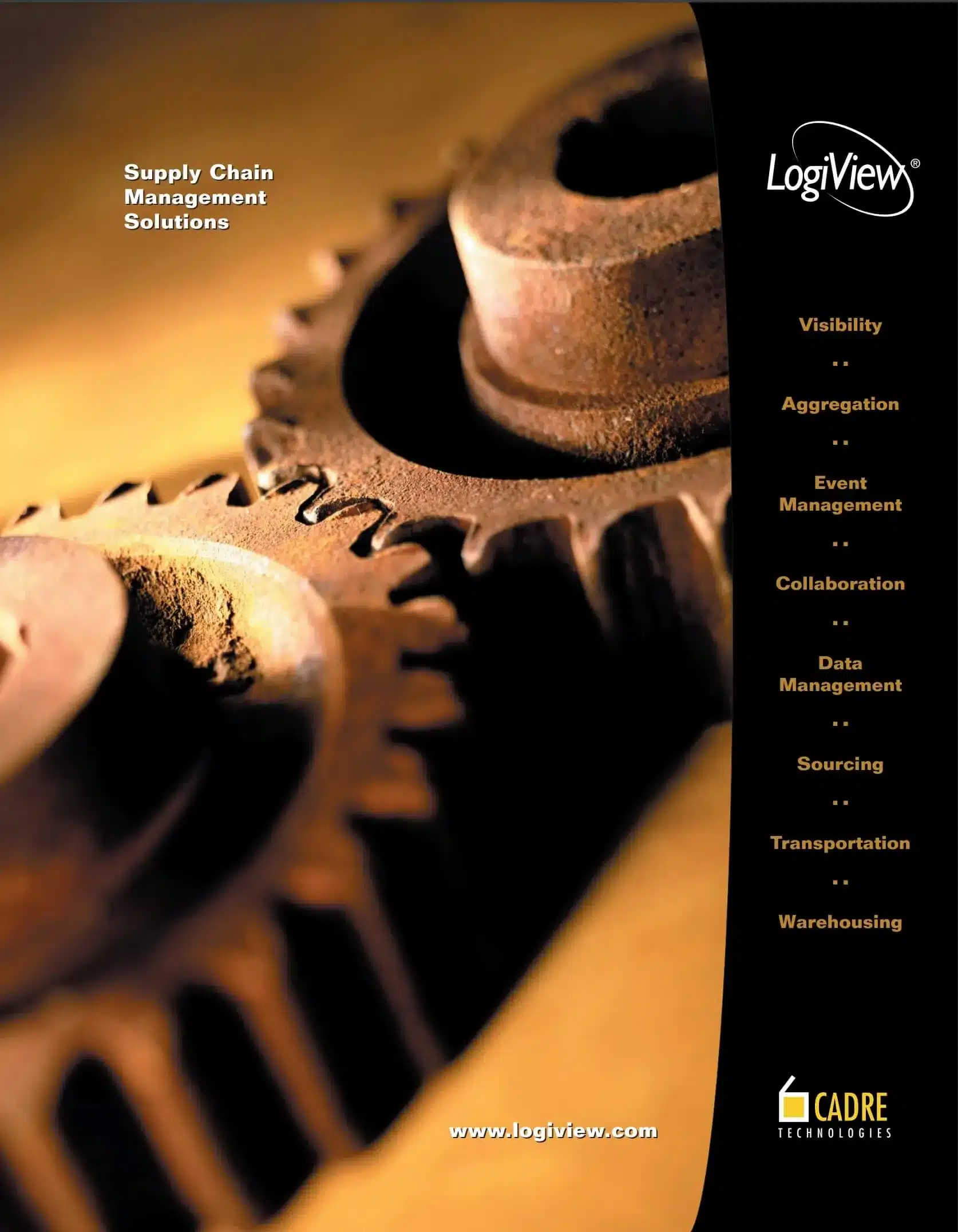 LogiView supply chain management solutions brochure showing interconnected gears and service categories