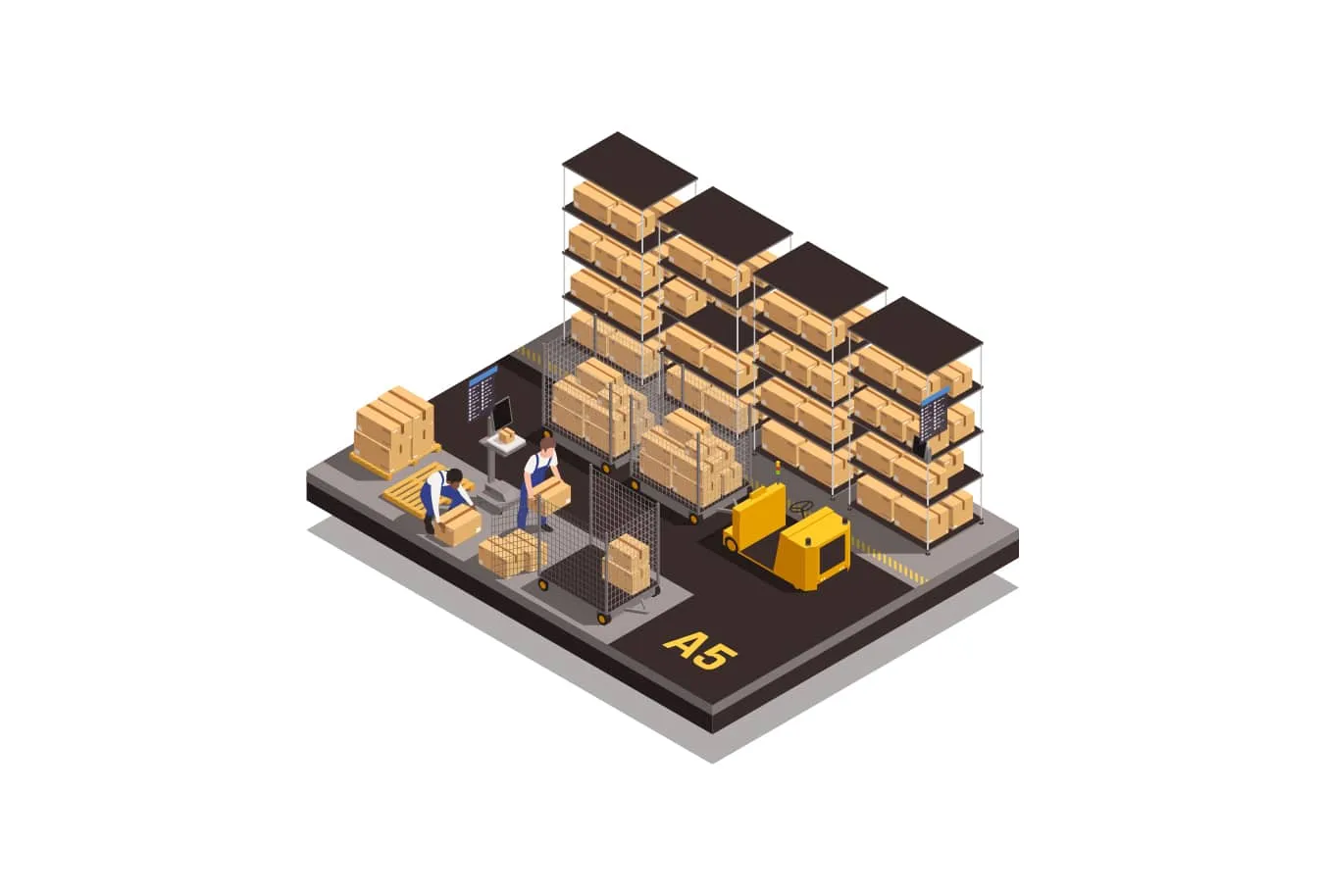 Isometric warehouse illustration showing automated inventory management and data systems integration