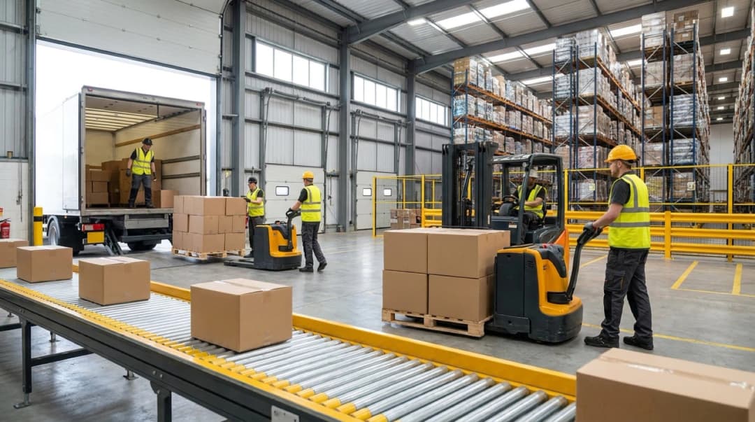 Warehouse workers managing logistics and loading truck for event management operations